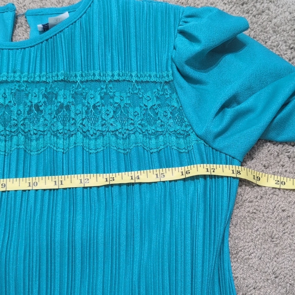 Good Times 80s Vintage Pleated Party Cocktail Dress Teal Size 8P Lace Detail - Picture 8 of 11
